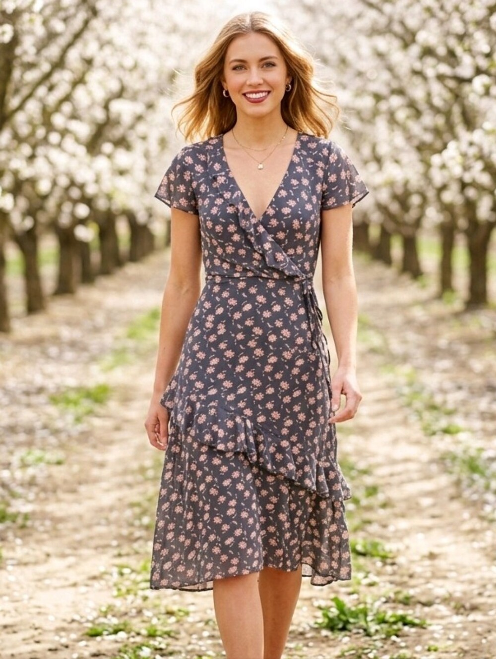 Joie 100% Silk Charcoal Floral Wrap Midi Dress with Pink Blossoms